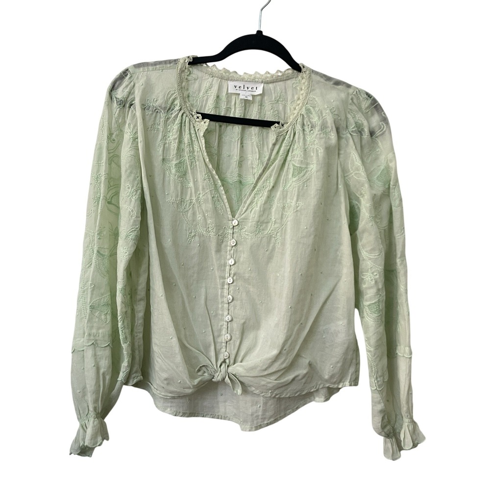 Velvet by Graham & Spencer Mint Green Embroidered Cotton Tie Front Blouse XS